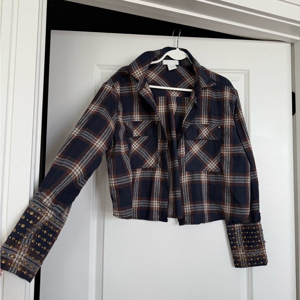 Plaid Cropped Jacket with Studded Sleeves